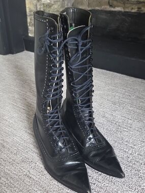 1980s John Fluevog Black Lace-Up Pointed-Toe Knee Rave Brogue Punk Goth Boots